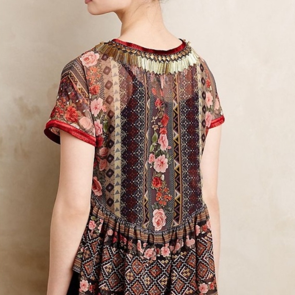 Anthropologie Burgundy Floral Mixed-Print Short-Sleeve Blouse - Picture 2 of 7